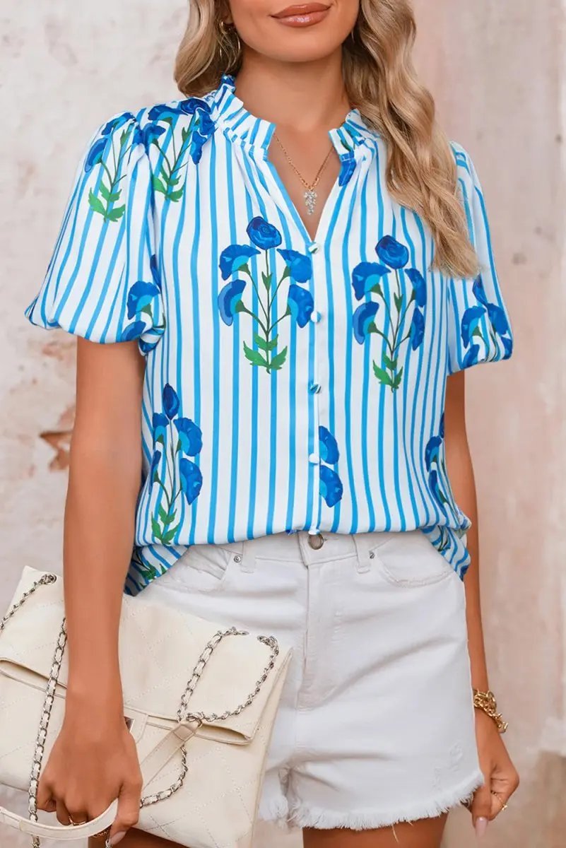 Sky Blue Stripe Floral Buttoned Frilly Notched Neck Puff Sleeve Summer Blouse - Love Salve
